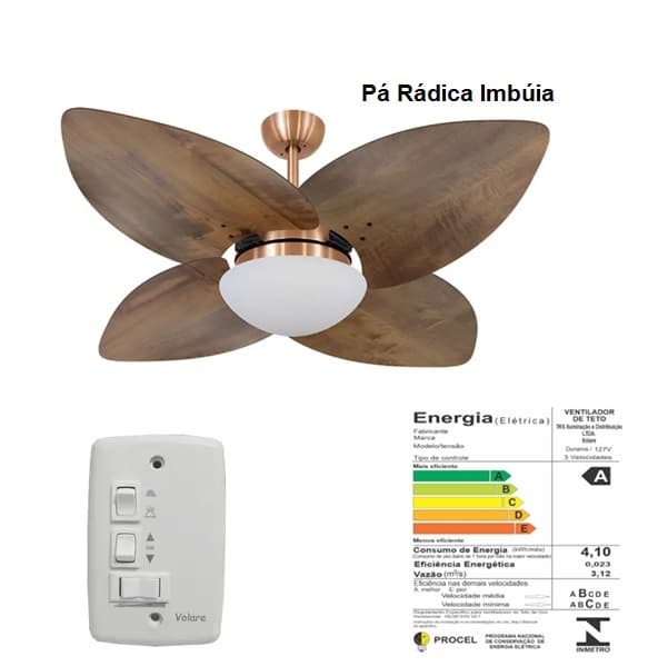 VENTILADOR DE TETO VOLARE DUNAMIS COBRE VD42 110V10,5UF CHAVE 3VEL 4PAS MDF RADICA IMBÚIA LUM.P/2-LAMP. SOQUETE E27
