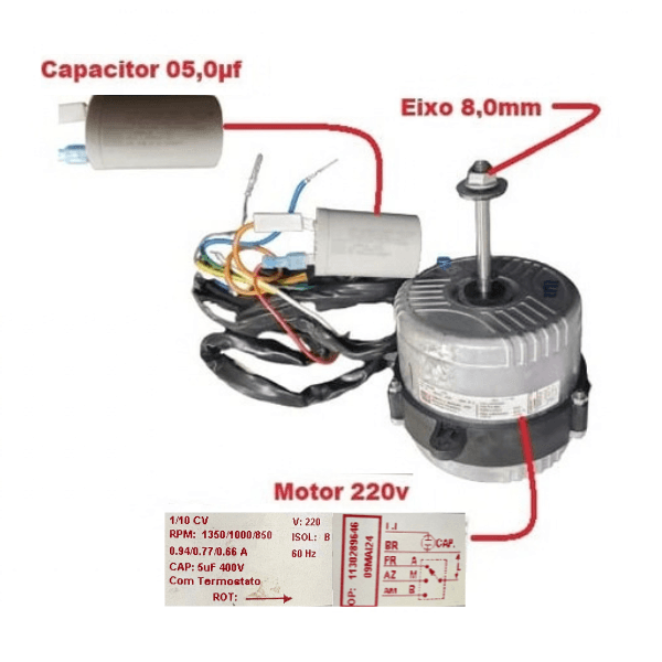 MOTOR P/CLIMATIZADOR ULTRAAR 220V250w05,0UF ULTRA55LT ULTRA80LT ULTRA80LT PLUS + DOUBLE 1/10CV 220V RPM.1350RPM - LADO/HÉL G/H E-08,0MM PML R/ESQ