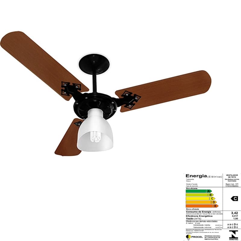 VENTILADOR DE TETO VENTI-DELTA SUPER LIGHT 110V10,0UF 130W COR PRETA 3PAS MDF MOGNO 1LUZ CHAVE 3VEL - CONSUMO A - foto 1 de 3