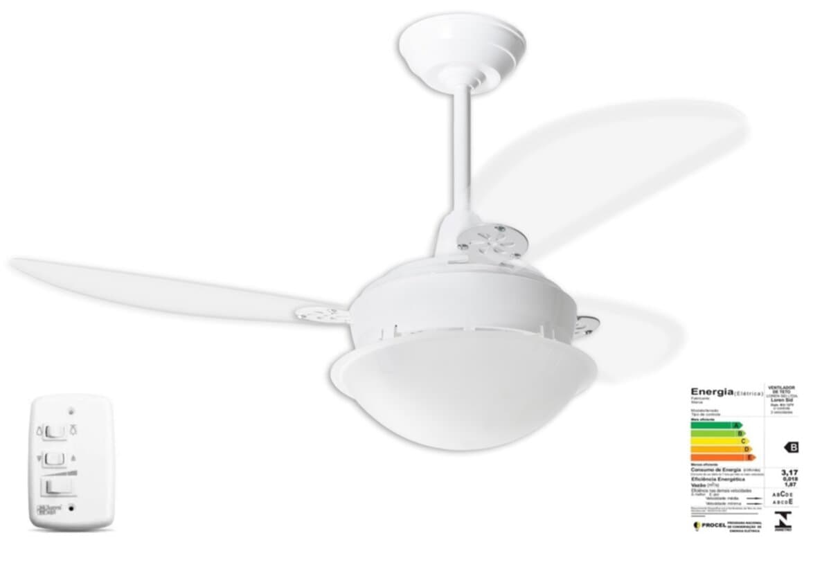 VENTILADOR DE TETO LOREN SID PEROLA PRIMOR 110V08,5UF 127W M3 BRANCO 3PAS TUBA TRANSPARENTES CHAVE 3VELOCIDADES - foto 1 de 2