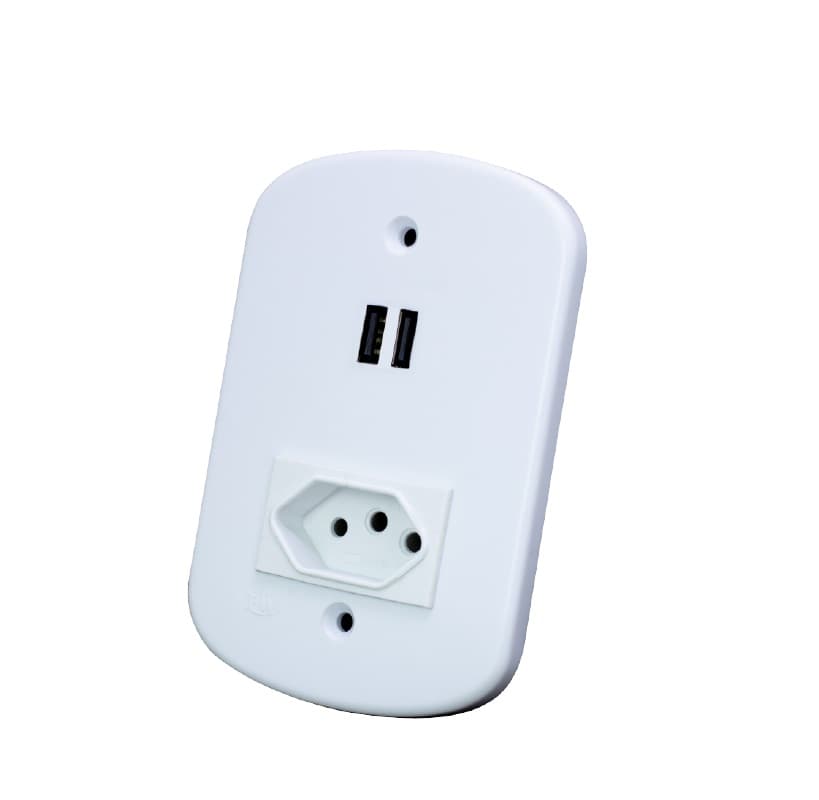 TOMADA ELÉTRICA PROTEGIDA C/-2 SAÍDAS USB - 10A USB 5V-2.1A - USB C/TOMADA PROTEGIDA - CARREGA CELULAR CARGA RÁPIDA - foto 1 de 2