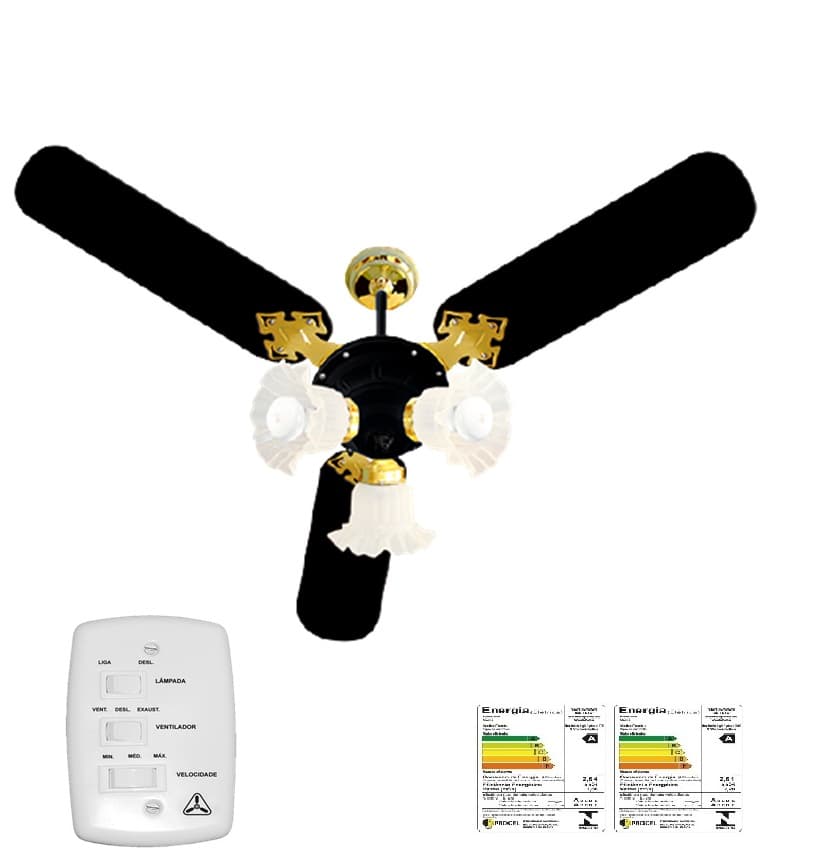 VENTILADOR DE TETO VENTI-DELTA NEW ZETA 110V 130W PRETO 3PÁS MDF PRETAS LUMINÁRIA PRETA/DOURADA 3LUZ 3TULIPAS CHAVE 3VELOCIDADES - CONSUMO A - foto 1 de 3