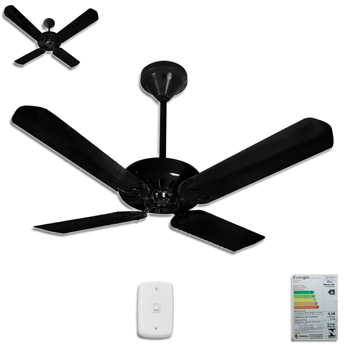 Ventilador de Teto Ventmar Comercial Super Ciclone 110V135W10,0Uf Apolo Iv Preto 4Pás AL-Preta Chave Reversão - P/área Gourmet S/luminária -Consum-A - foto 1 de 3