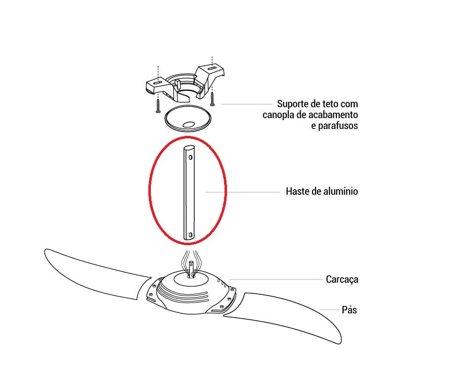 HASTE DE METAL P/FIXAR VENTILADOR DE TETO SPIRIT / LATINA - ALUMÍNIO - COMP.24CM - EXCLUSIVO P/VENTILADORES LATINA / SPIRIT - COR ALUMINIO - foto 1 de 3