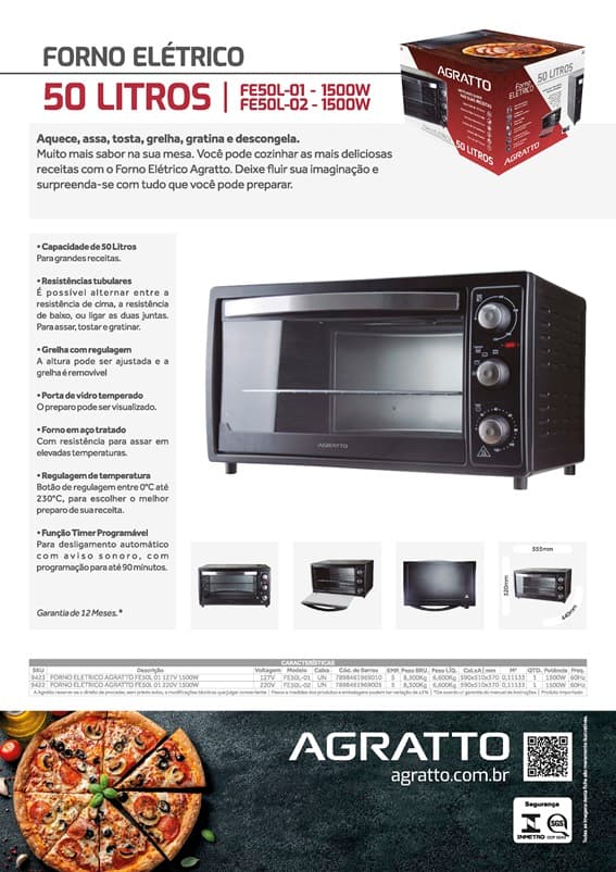 FORNO ELÉTRICO 50L 110VOLTS 1500W AGRATTO FE50L 01 - foto 1 de 5