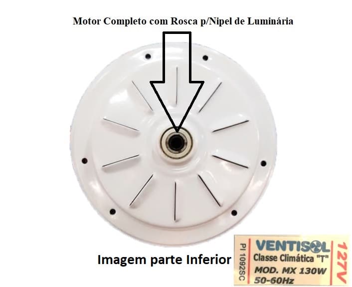 MOTOR P/VENTILADOR DE TETO VENTISOL FLOW 3-PAS 110V05,0UF 130W COR BRANCA C/ROSCA P/LUMINARIA - AIRES FENIX FHARO FLOW PETIT SUNNY VORTICE WIND - foto 1 de 3