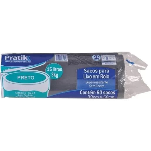 SACO PLÁSTICO P/LIXO ROLO 15 LITROS COR PRETA - PACOTE C/60 UNIDADES - PRATIK - foto 1 de 1