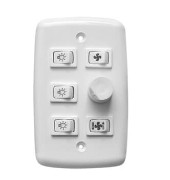 CHAVE PARA VENTILADOR DE TETO CONTROLE DE VELOCIDADE ROTATIVO DIMER 0400W BIV BRANCA 1-TECLA LIGA/DESLIGA VT + 1-TECLA REVERTE + 3-TECLAS P/LUZ LIGA 3