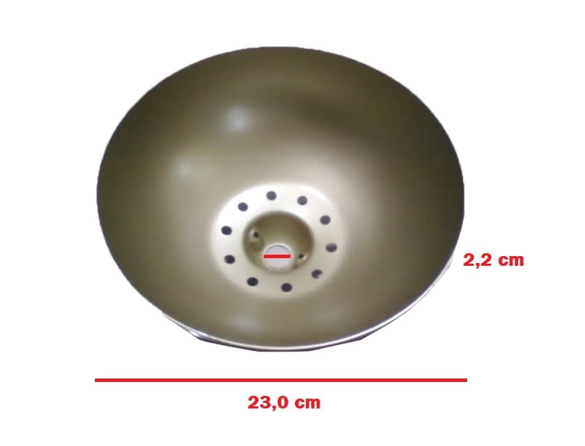 CANOPLA INFERIOR P/VENTILADOR DE TETO VOLARE - ALUMÍNIO COR GOLD/OURO EXTRA GRANDE - DIAM EXT.23,0CM - ENCAIXE HASTE 2,2CM - foto 1 de 2