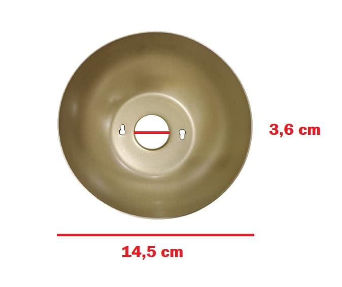 CANOPLA SUPERIOR P/VENTILADOR DE TETO VOLARE - ALUMÍNIO COR GOLD BASE ARREDONDADA - DIAM 14,5CM - ENCAIXE HASTE 3,5CM - foto 1 de 3