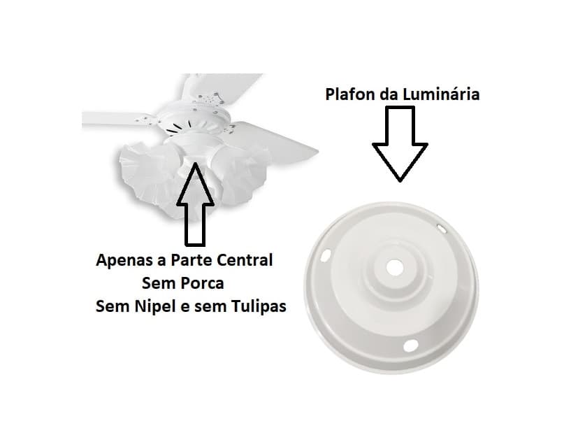 PLAFONIER P/GLOBO DIAMANTE RUBI 3-TULIPAS VENTILADOR DE TETO LOREN SID - PLASTICO BRANCO - APENAS A PARTE CENTRAL SEM TULIPAS - foto 1 de 4