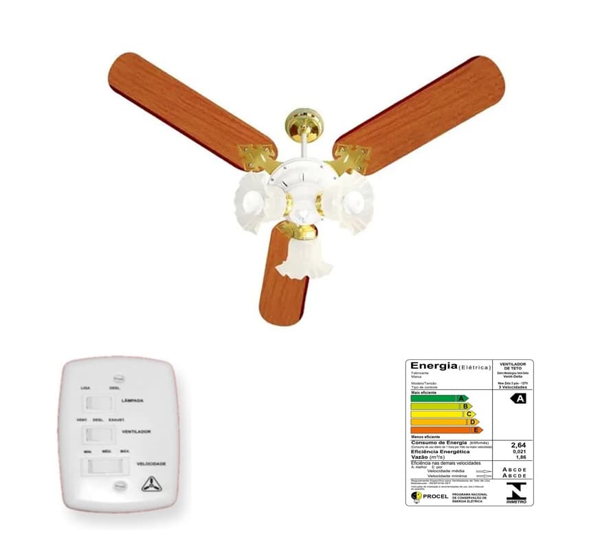 VENTILADOR DE TETO VENTI-DELTA NEW ZETA 110V130W BRANCO 3PÁS MDF MOGNO LUMINÁRIA BRANCA/DOURADA 3LUZ 3TULIPAS CHAVE 3VELOCIDADES - CONSUMO A - foto 1 de 4