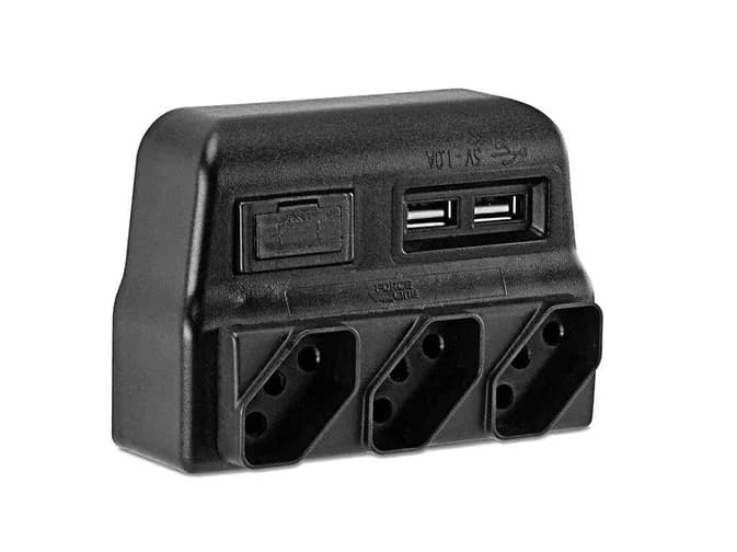 PROTETOR ELETRICO 3 TOMADAS 3P+T BIVOLTS COM 2 CARREGADOR USB - MULTIPLICADOR 3 TOMADAS - FORCE LINE/FORCELINE - foto 1 de 3
