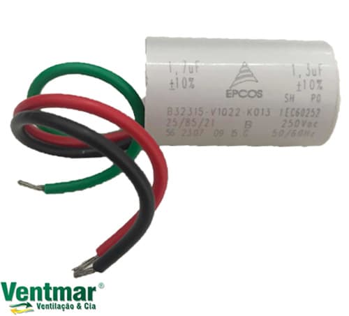 CAPACITOR 003,0UF 3FIOS 1,3+1,7MF RD 400VAC - P/VENTILADOR VENTI-DELTA EFYX LUNIK 220VOLTS - CAPACITOR COM TERMINAL TIPO PLUG 220V - foto 1 de 2