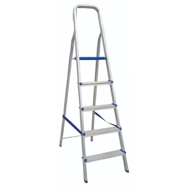 ESCADA DE ALUMINIO DOMESTICA 05 DEGRAUS - F1,69 / A1,56 / PATAMAR 110CM / PESO 3,28KG - REAL ESCADAS RESIDENCIAIS C/ALCA LONGA P/MELHOR APOIO - foto 1 de 1
