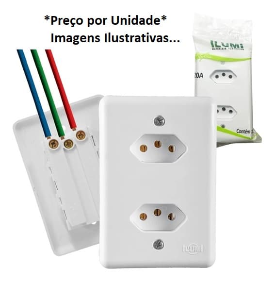 CONJUNTO TOMADA ELéTRICA DUPLA 2P+T 20A COM TRAVA PINO DE 10 AMPERES - COR BRANCA - ILUMI STYLUS MONOBLOCO REF.201210 - FáCIL INSTALAçãO - foto 1 de 2