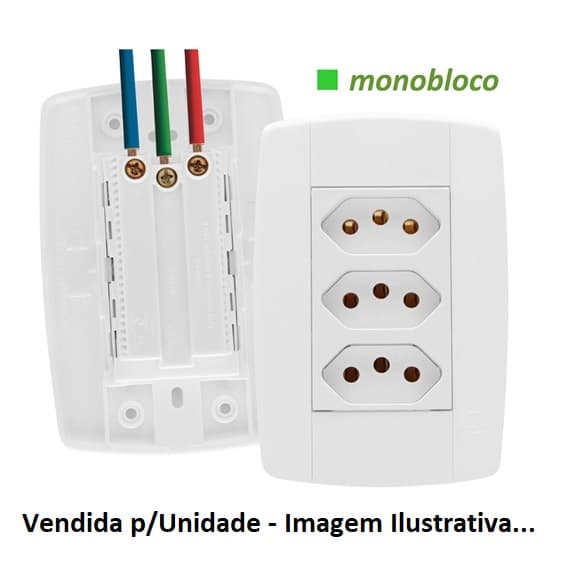 CONJUNTO TOMADA ELéTRICA TRIPLA 2P+T 20A COM TRAVA P/PINO 10AMPERES - COR BRANCA - ILUMI STYLUS MONOBLOCO REF.87124 - FáCIL INSTALAçãO - foto 1 de 3