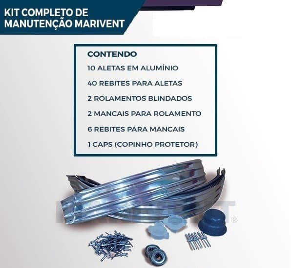 KIT REPARO P/MANUTENÇÃO DE EXAUSTOR EÓLICO 22" POLEGADAS - MARIVENT - KIT MANUTENÇÃO C/10 ALETAS+PEÇAS+2 ROL 6201 - foto 1 de 2