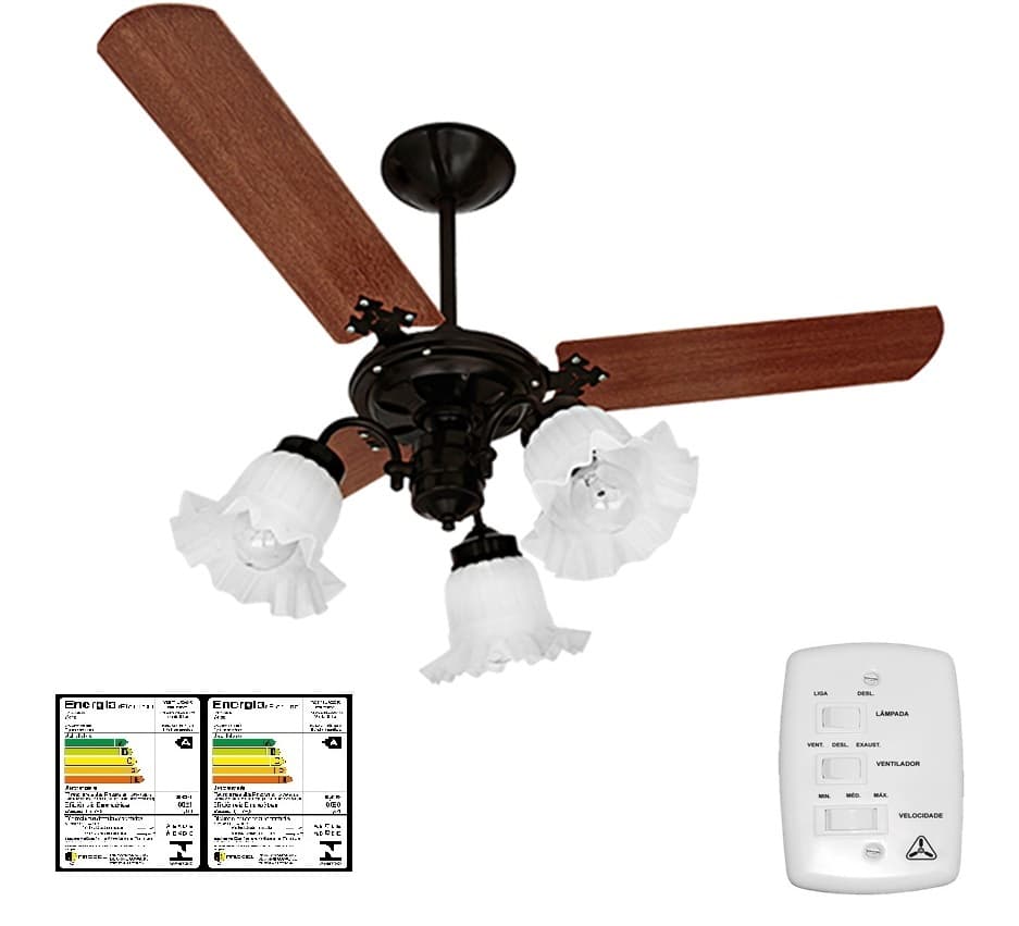VENTILADOR DE TETO VENTI-DELTA NEW BETA 110V 130W PRETO 3PÁS MDF MOGNO - LUM P/3LUZ 3-TULIPAS FLOR - CHAVE 3VELOCIDADES - foto 1 de 2