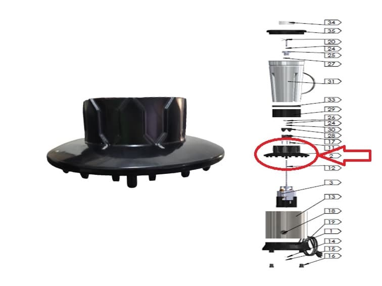 BASE DO MOTOR LIQUIDIFICADOR JL COLOMBO 2,0LT 3,5LT OU 4,0LT AR-ALTA OU BR-BAIXA ROTAÇÃO - PARTE SUPERIOR EXTERNA REDONDA EM PLASTICO COR PRETA - foto 1 de 6