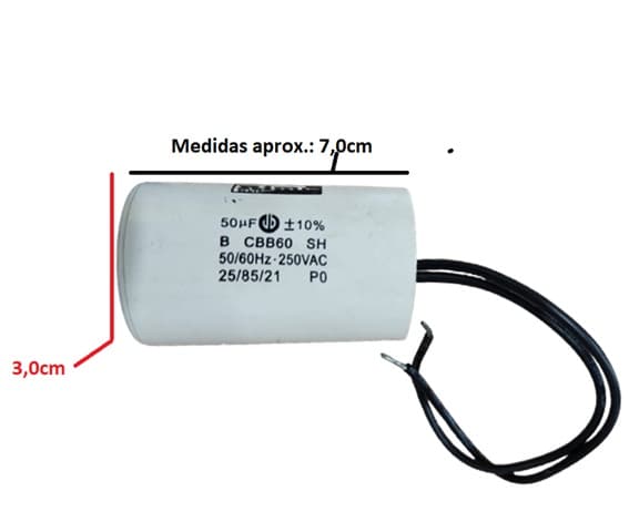 CAPACITOR 050,0UF 2FIOS RD 250VAC - CAPACITOR DE PARTIDA PARA MOTORES ELÉTRICOS EM GERAL - foto 1 de 2