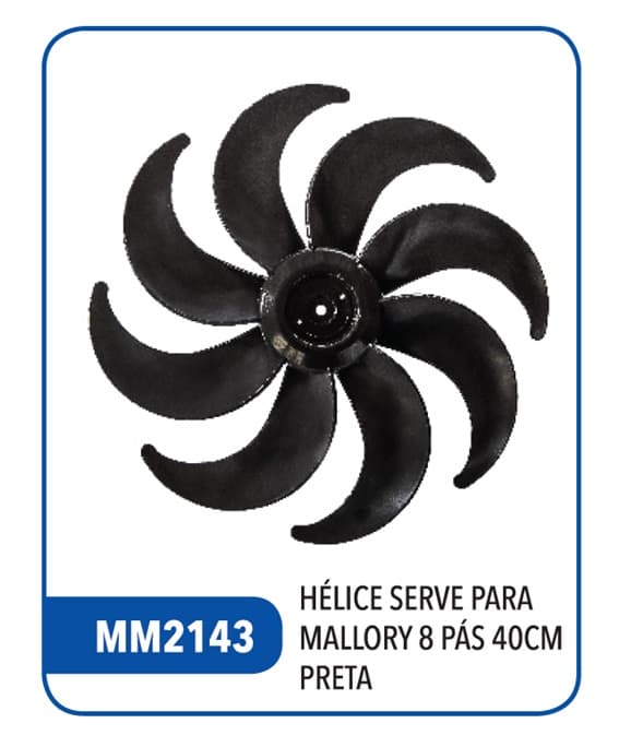 HELICE DE 40CM P/VENTILADOR MALLORY 8P PLASTICA COR PRETA - EIXO 08,0MM PONTA REDONDA COM TRAVA TRASEIRA - foto 1 de 1