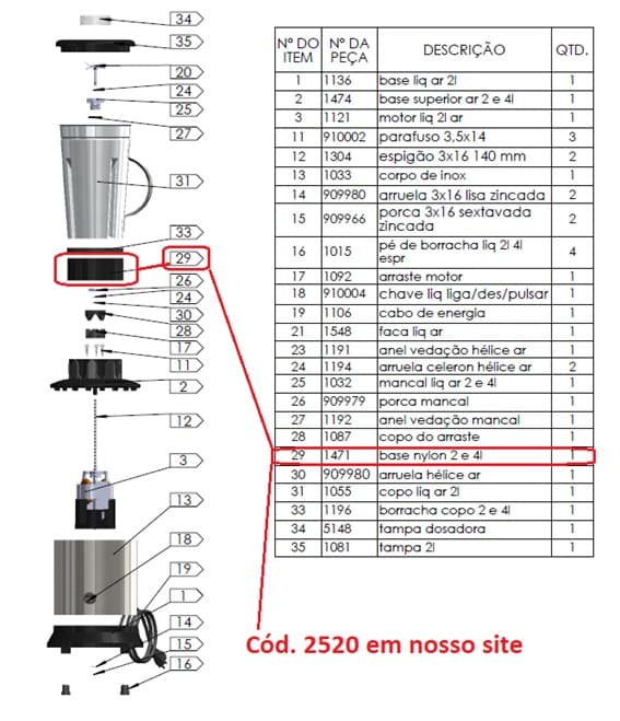 BASE DO COPO LIQUIDIFICADOR JL COLOMBO 2,0LT 3,5LT E 4,0LT AR-ALTA OU BR-BAIXA ROTAÇÃO - PARTE DA JARRA TRITURADORA REDONDA NYLON PRETA - foto 1 de 3
