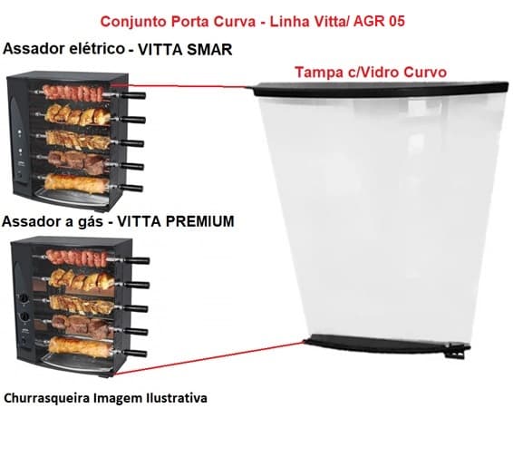 Conjunto Tampa Porta de Vidro p/Assador Churrasqueira Arke AGR-05 Vitta Premium Vitta Smart 5-Espetos - Tampa com Vidro Curvo - foto 1 de 4