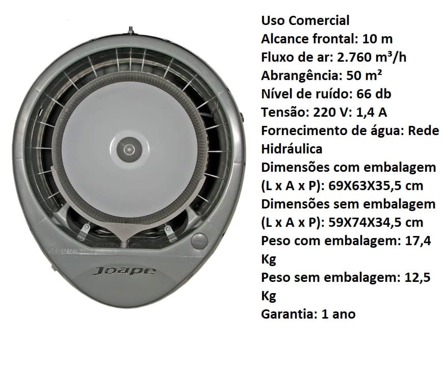 CLIMATIZADOR DE AR ASPERSIVO PULVERIZANTE JOAPE CASSINO 220V CINZA - VAZAO DE AR 2500M3/H P/ATE 50M2 - C/SUP PAREDE P/REDE HD - foto 1 de 2