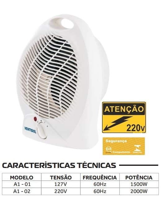 AQUECEDOR ELÉTRICO PORTÁTIL A1-02 220V VENTISOL TERMOVENTILADOR 0750-1500W - AQUECEDOR DE AMBIENTES C/RESISTÊNCIA 2-VEL - (OCP-0040 SGS) - foto 1 de 6