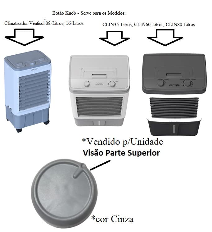 BOTÃO KNOB PL CINZA LIG/DESL/OSCILA CLIMATIZACAO CLIMATIZADOR VENTISOL - * P/UNIDADE* - CLIN08LT CLIN16LT CLIN35LT CLIN60LT CLIN80LT CLIN125 PRO PRÓ2 - foto 1 de 3