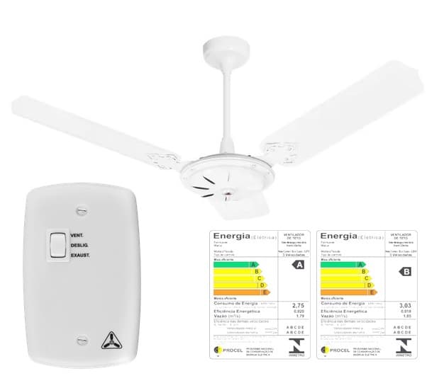 VENTILADOR DE TETO COMERCIAL VENTI-DELTA SUPER ECO 110V10,0UF BRANCO 3PÁS METAL CHAVE 1T LDR C/REV 60HZ - SEM LUMINARIA P/AREA GOURMET - foto 1 de 3
