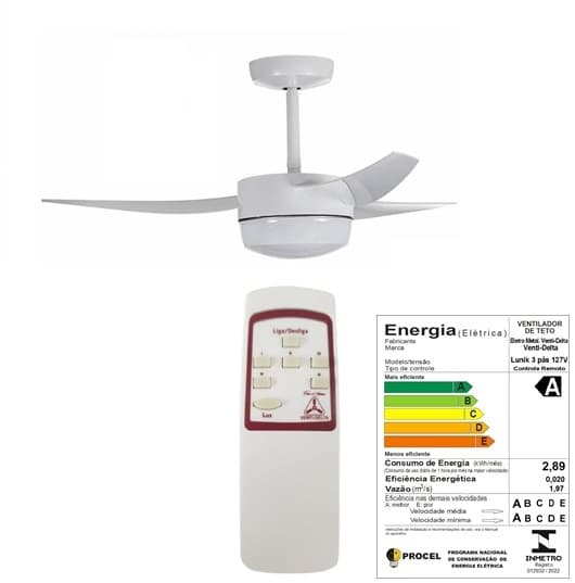 VENTILADOR DE TETO VENTI-DELTA LUNIK 3PÁS 110V130W BRANCO K2 - LUM P/2-LÂMPADAS CONTROLE REMOTO - SILENCIOSO CONSUMO A - foto 1 de 4