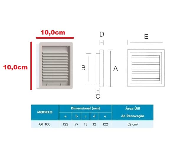 GRADE VENEZIANA 10X10CM 04,0" GRELHA PVC 100MM QD C/ALETAS FIXAS NOVAIR GF100 - P/VENTILAÇÃO DE SUPERFÍCIE - ACABAMENTO EXT.22CM - foto 1 de 4