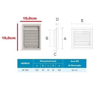 GRADE VENEZIANA 10X10CM 04,0" GRELHA PVC 100MM QD C/ALETAS FIXAS NOVAIR GF100 - P/VENTILAÇÃO DE SUPERFÍCIE - ACABAMENTO EXT.22CM