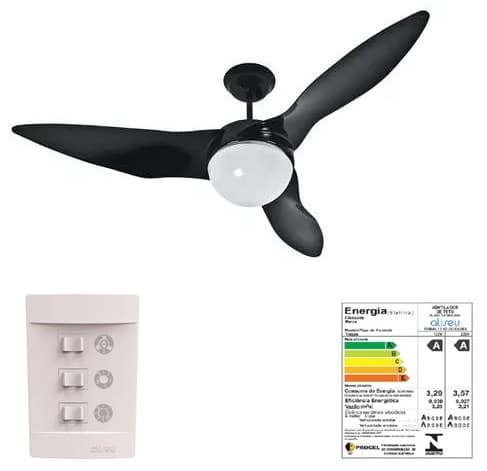 VENTILADOR DE TETO ALISEU TERRAL CV3V PRETO 110V150W LUMINÁRIA P/2-LÂMP - *MAIOR VENTILAÇÃO + SILENCIOSO - CONSUMO A* - foto 1 de 3
