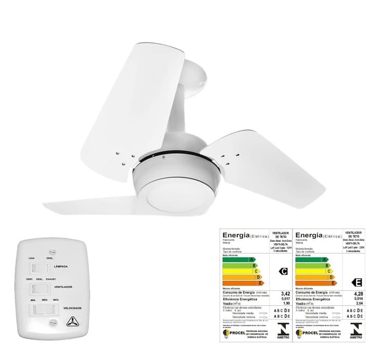 VENTILADOR DE TETO VENTI-DELTA LOFT 110V BRANCO 3PÁS MDF BRANCAS CHAVE 3VELOCIDADES 130W - LUMINÁRIA LED 18W 6.000K LUZ BRANCA - foto 1 de 2