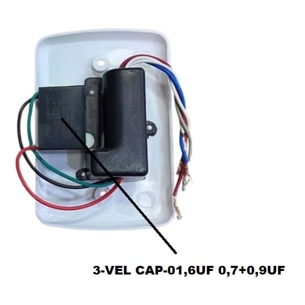 CHAVE P/VENTILADOR DE TETO 3-VEL VENTISOL 220V01,6uF ORIGINAL NEW WIND MX C/CAP-0,7+0,9uF QD 1-TECLA LUZ - foto 1 de 2