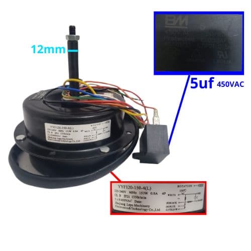 MOTOR P/CLIMATIZADOR ULTRAAR 220V ULTRA100/VENTISOL CLI100LT PRO YYF120-150-4LP (L) AC220-240V05,0UF 150W LADO/HEL G.A/HOR E12,0MM PML C/R ESQ.08,0MM - foto 1 de 3