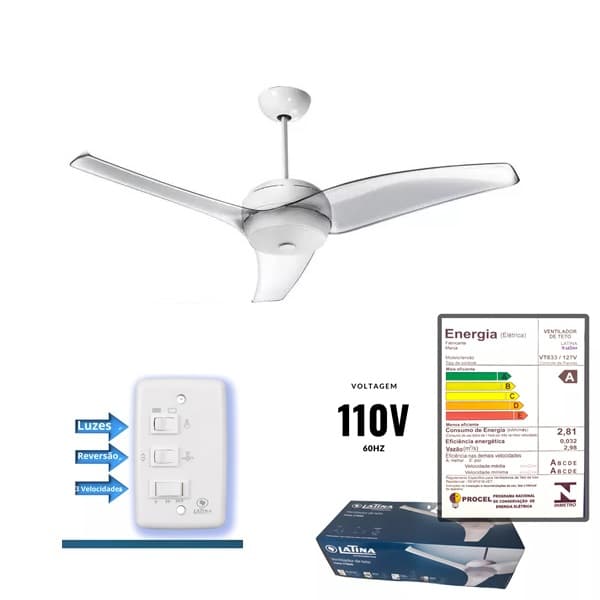 VENTILADOR DE TETO LATINA VT633 110V 130W COR CRISTAL CHAVE 3-VELOCIDADES - MOD.TETO M1 230RPM - foto 1 de 3