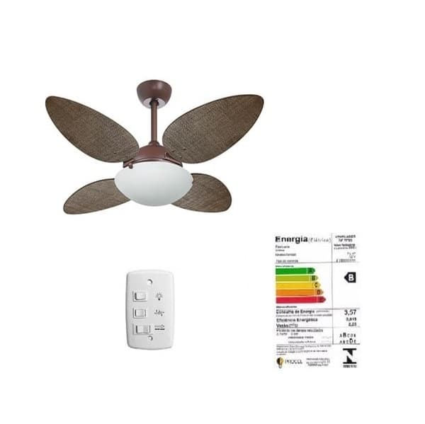 VENTILADOR DE TETO VOLARE PREMIUM CAFÉ 4PÁS FOCUS PÉTALO PALMAE RATAN TABACO 110V10,5UF 3VEL LUM.P/2-LÂMP. SOQUETE E27 - foto 1 de 2