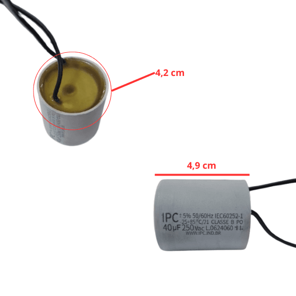 CAPACITOR 040,0UF 2FIOS RD 250VAC P/PORTÃO ELETRÔNICO - FIXO DE PROLIPR. 50/60HZ 40,0X250 - P/MOTOR PORTÃO DE ELEVAÇÃO - foto 1 de 2