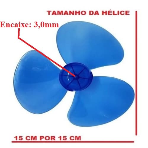 HELICE DE 15CM P/VENTILADOR VENTISOL MINI 20CM 3PAS PLASTICA COR AZUL - ENCAIXE 3,0MM PONTA REDONDA C/TRAVA TRASEIRA - foto 1 de 3