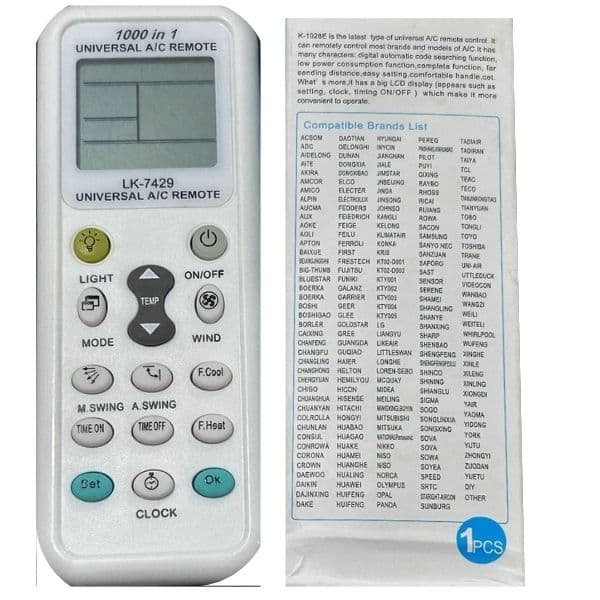 CONTROLE REMOTO UNIVERSAL PARA AR CONDICIONADO - MOD.K-1028E 1000 IN1 - UNIVERSAL A/C REMOTE LK-7429 - foto 1 de 3