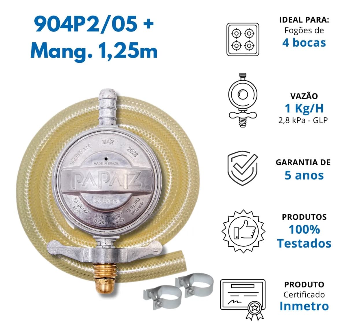 REGULADOR REGISTRO P/GÁS 1KG/H 904P2M125 - PAPAIZ C/MANGUEIRA 125CM - foto 1 de 2