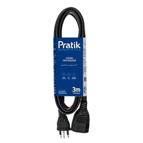 EXTENSÃO ELÉTRICA 1TOMADA 3X2,50MM 3METROS - 2P+T X 1 TOMADA FÊMEA +1 MACHO 3P20A CABO PP PRETO - PRATIK - foto 1 de 1