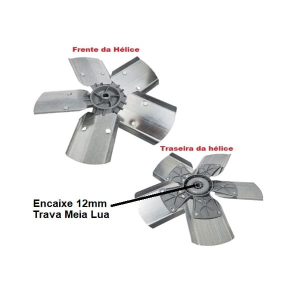 HELICE DE 30CM P/EXAUSTOR VENTISOL 5PAS METAL F12,0MM PONTA MEIA LUA C/CUBO FLANGE INJ.PL - FIXAR C/TRAVA N/PONTA DO EIXO - foto 1 de 3