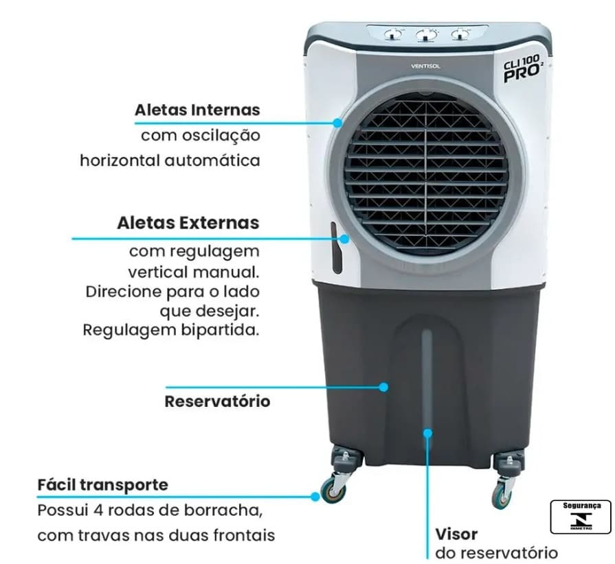 CLIMATIZADOR DE AR 100LT 220V210W VENTISOL VAZAO-05.500M3H ATÉ 60M2 - UMIDIFICADOR PORTÁTIL CONTROLE 3VELOCIDADES - CLI100PRO-02/CLIPRO100 - foto 1 de 6