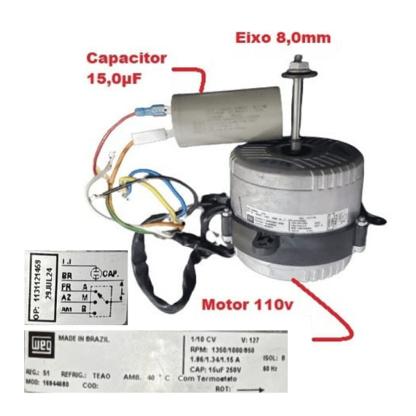 MOTOR P/CLIMATIZADOR ULTRAAR 110V250W15,0UF ULTRA55LT ULTRA80LT PLUS + DOUBLE 1/10CV 110-127V RPM.1350 - LADO/HEL G/H E-08,0MM PML R/ESQ ROL-0608 - foto 1 de 2