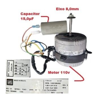 MOTOR P/CLIMATIZADOR ULTRAAR 110V250W15,0UF ULTRA55LT ULTRA80LT PLUS + DOUBLE 1/10CV 110-127V RPM.1350 - LADO/HEL G/H E-08,0MM PML R/ESQ ROL-0608